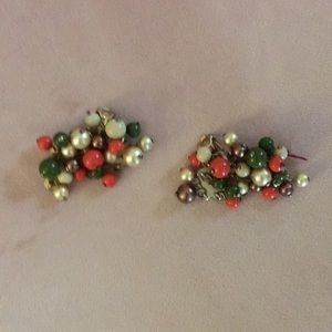 Unique vintage beaded  green and orange earrings